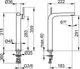 Keuco Mischbatterie mit hochgezogenem Auslauf und Bedienelement, technische Zeichnung mit Maßangaben und Anschlussdetails. Verchromte Oberfläche.